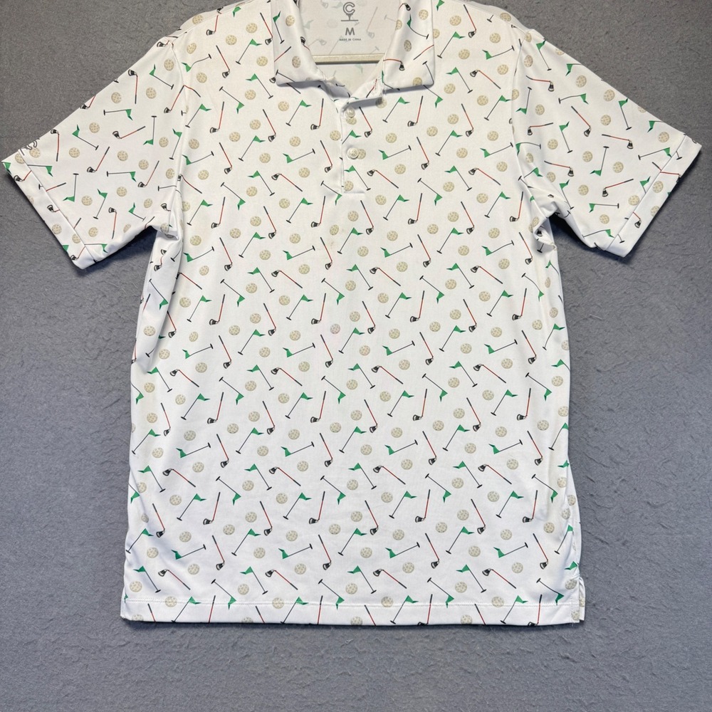 Caddy Cart Mens Golf Polo Shirt All Over Print Golf Clubs Ball Flags Size Medium